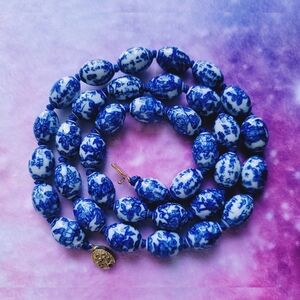 Vintage Chinese Bead Necklace Featuring 36 hand-painted oval 3/4" porcelain